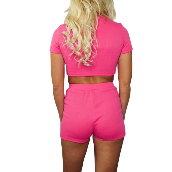 Cider Hot Pink Ribbed Knit Activewear Set Crop Top & Shorts Small Barbiecore - Picture 4 of 9